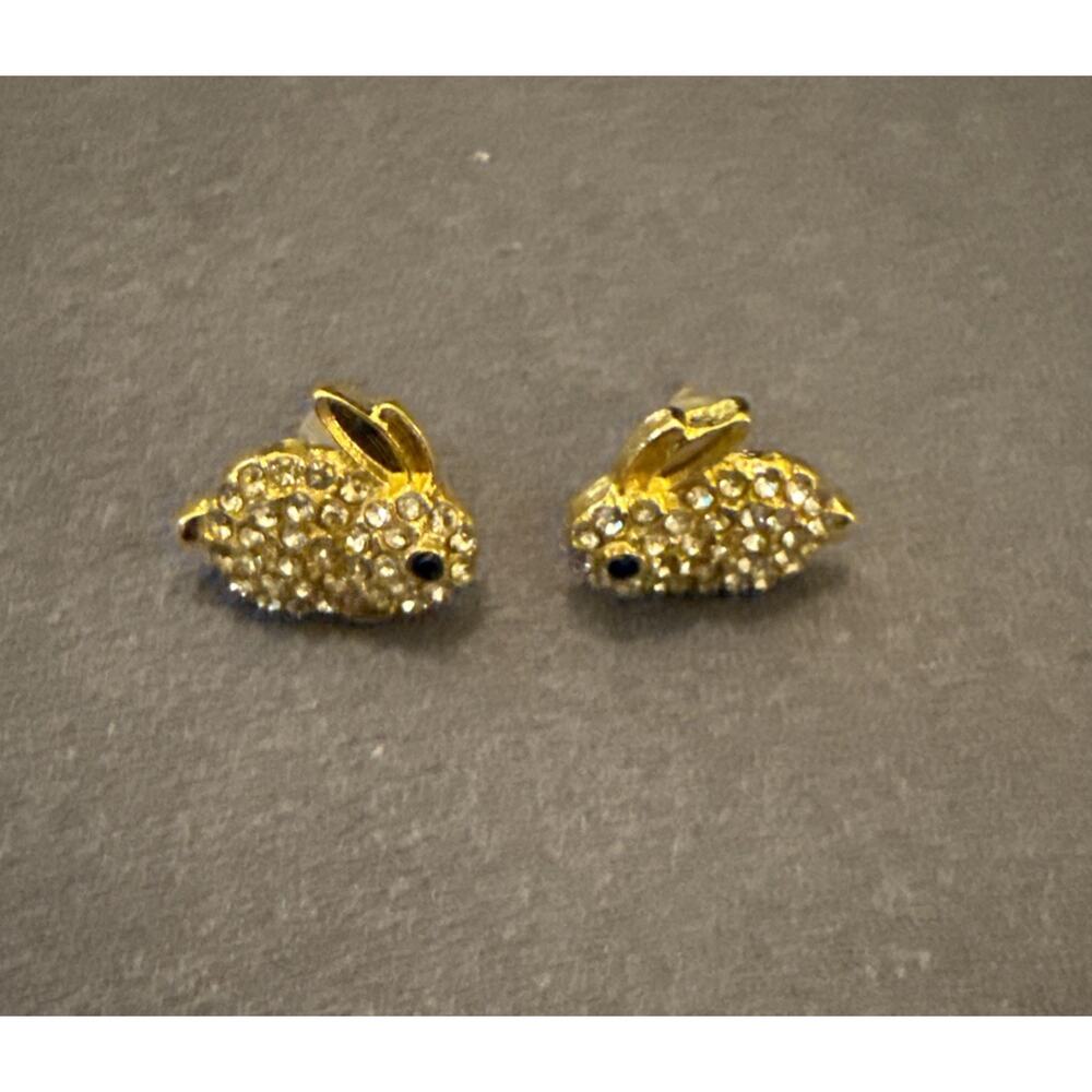NWT Gold Elegant Rabbit Stud Earrings With Sparkly Rhinestones Easter